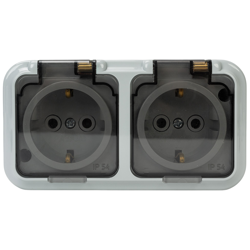 Розетка открытой проводки Bylectrica Пралеска Аква, 2-местная, 16А, с заземлением, с крышкой, IP54, серая