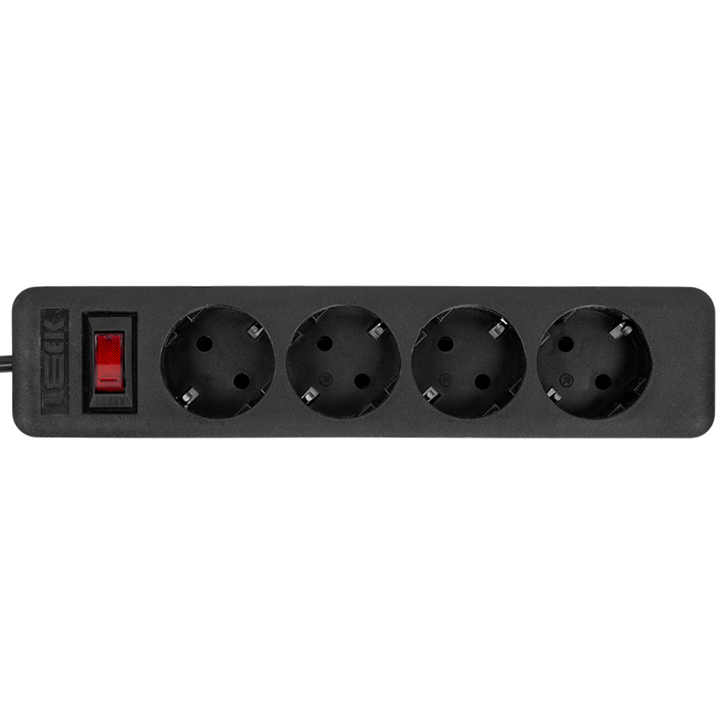 Удлинитель с сетевым фильтром Leek, 4-местный, 3м, ПВС 3х0,75, с заземлением,  черный