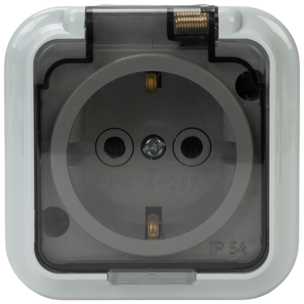 Розетка открытой проводки Bylectrica Пралеска Аква, 1-местная, 16А, с заземлением, с крышкой, IP54, серая