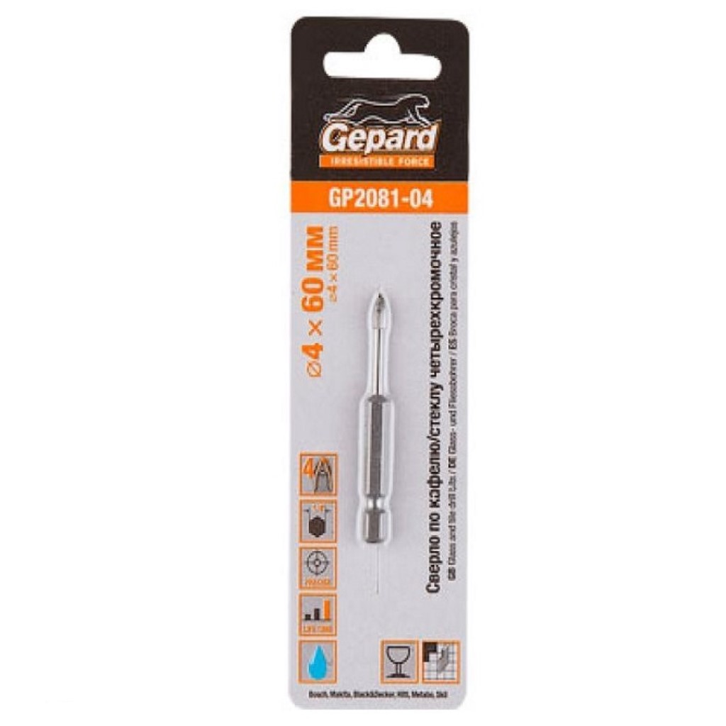 Сверло Gepard, по кафелю, керамике, стеклу, 4-х кромочное, 4х60мм