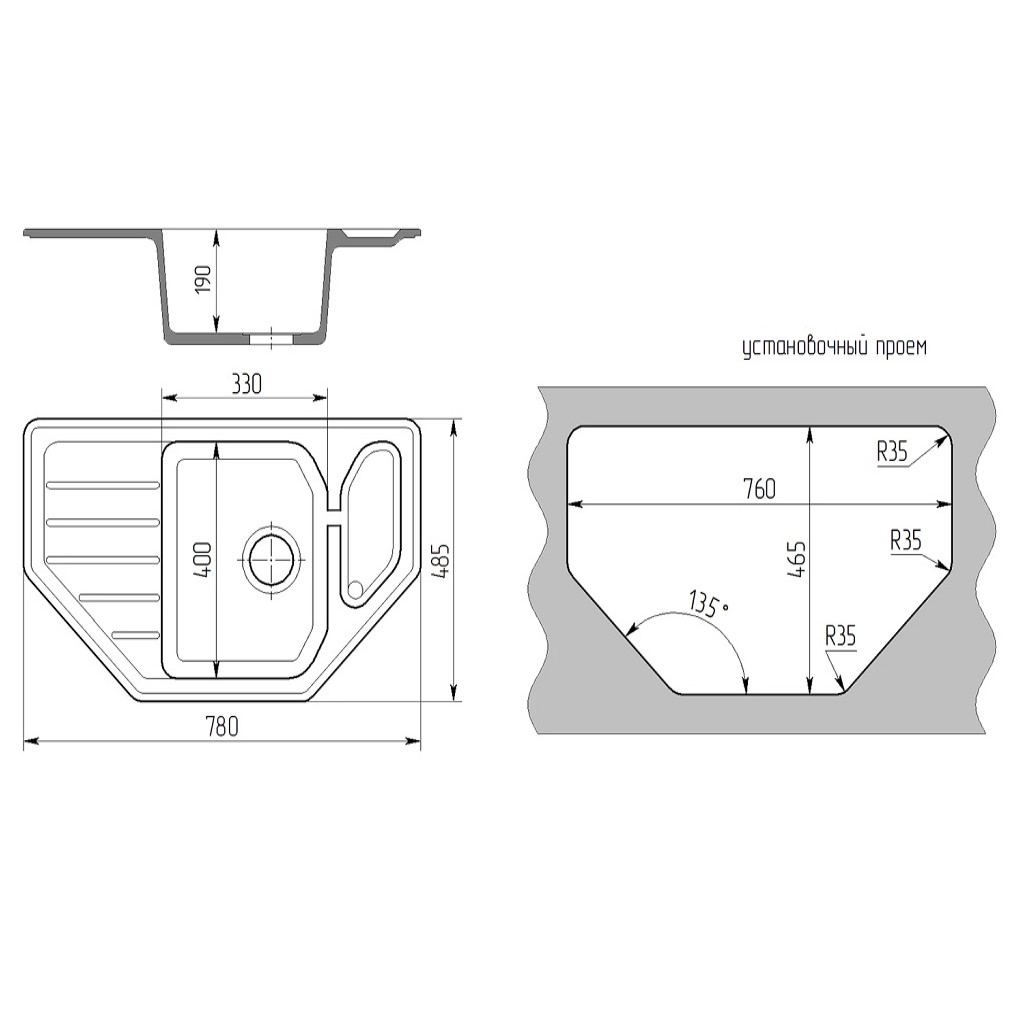 Мойка искусственный камень Стандарт Mixline, 780х485х190мм, угловая с крылом, белая