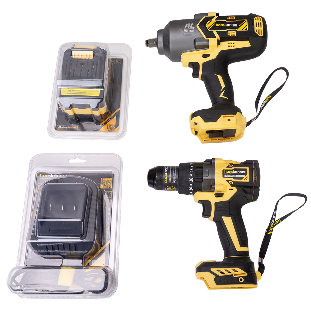Набор электроинструмента Hanskonner, Дрель ударная + Гайковерт, в ящике с АКБ 6А+ЗУ 4,