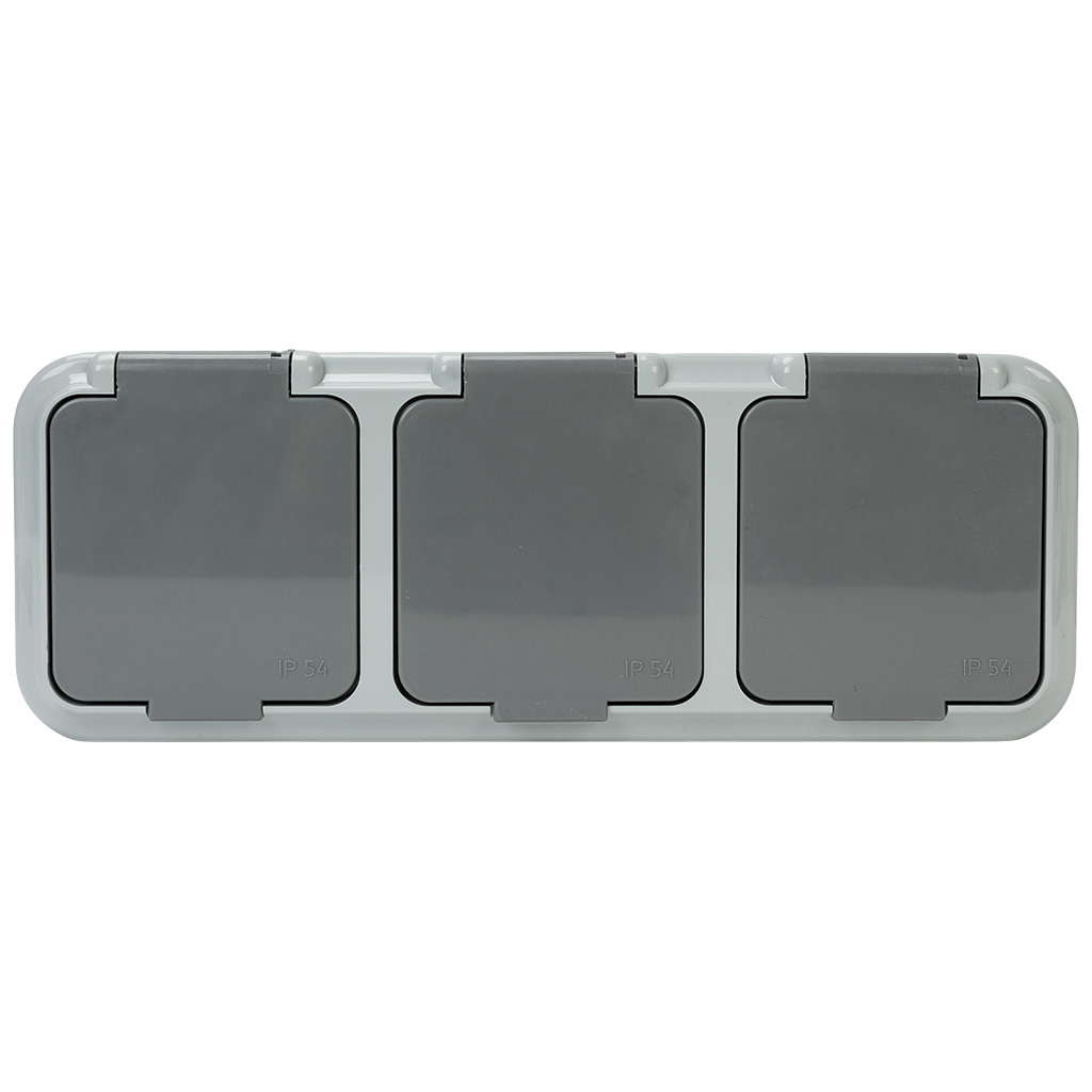 Блок открытой проводки Bylectrica Пралеска Аква, розетка 3-местная, с заземлением, с крышкой, IP54, серый