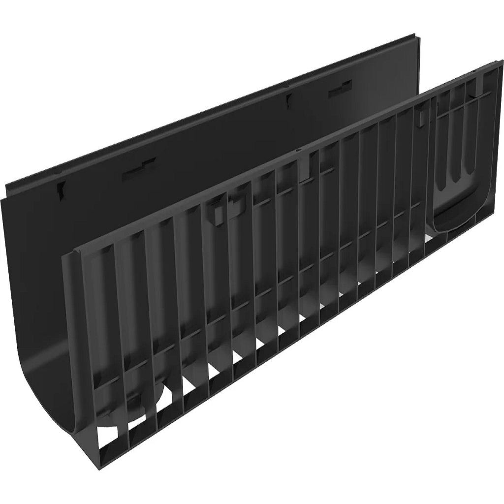 Лоток пластиковый Gidrolica Standart, в сборе с чугунной решеткой и крепежом, DN 200, КлС250, H 285, 1м