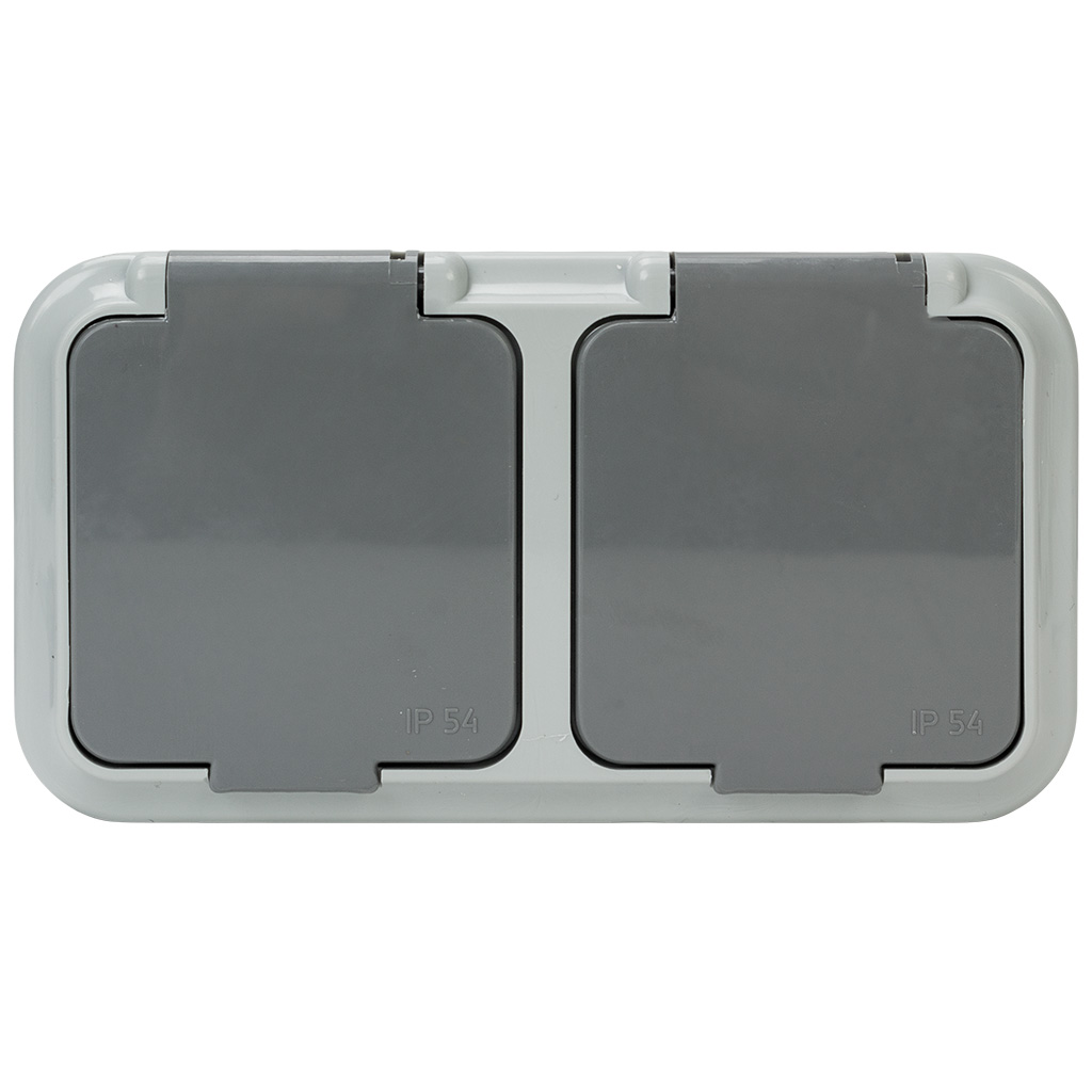 Блок открытой проводки Bylectrica Пралеска Аква, розетка 2-местная, с заземлением,  IP54, серый