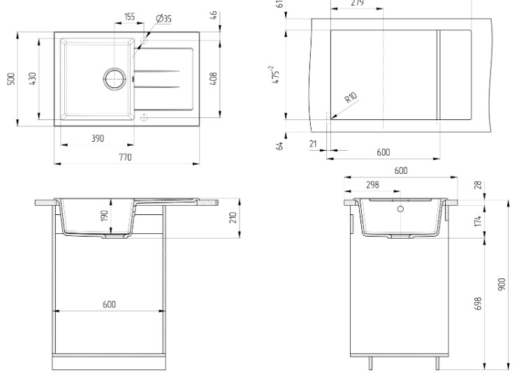 Мойка искусственный камень Ulgran, прямоугольная с крылом, 500х770х210мм, белая