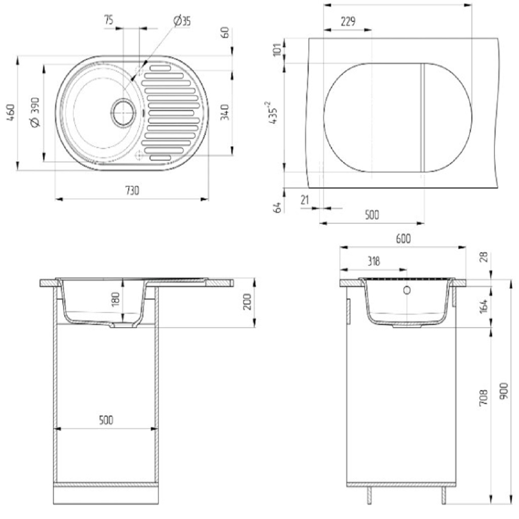 Мойка искусственный камень Ulgran, 460х730х200мм, круглая с крылом, черная
