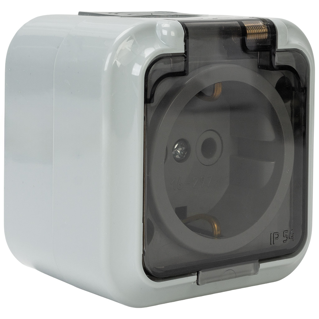 Розетка открытой проводки Bylectrica Пралеска Аква, 1-местная, 16А, с заземлением, с крышкой, IP54, серая