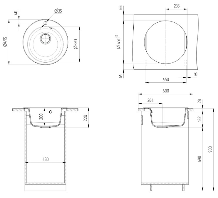 Мойка искусственный камень Ulgran, круглая, D495мм, белая