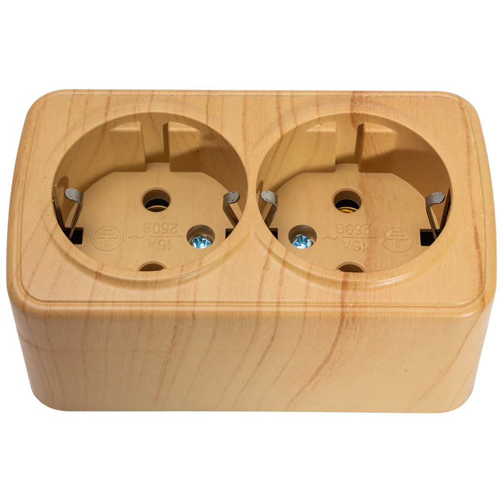 Розетка открытой проводки EKF Минск, 2-местная, с заземлением, светлое дерево