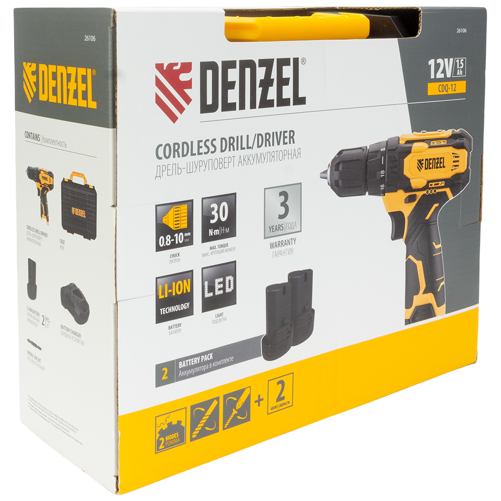 Дрель-шуруповерт Denzel CDQ-12, аккумуляторная, 12В