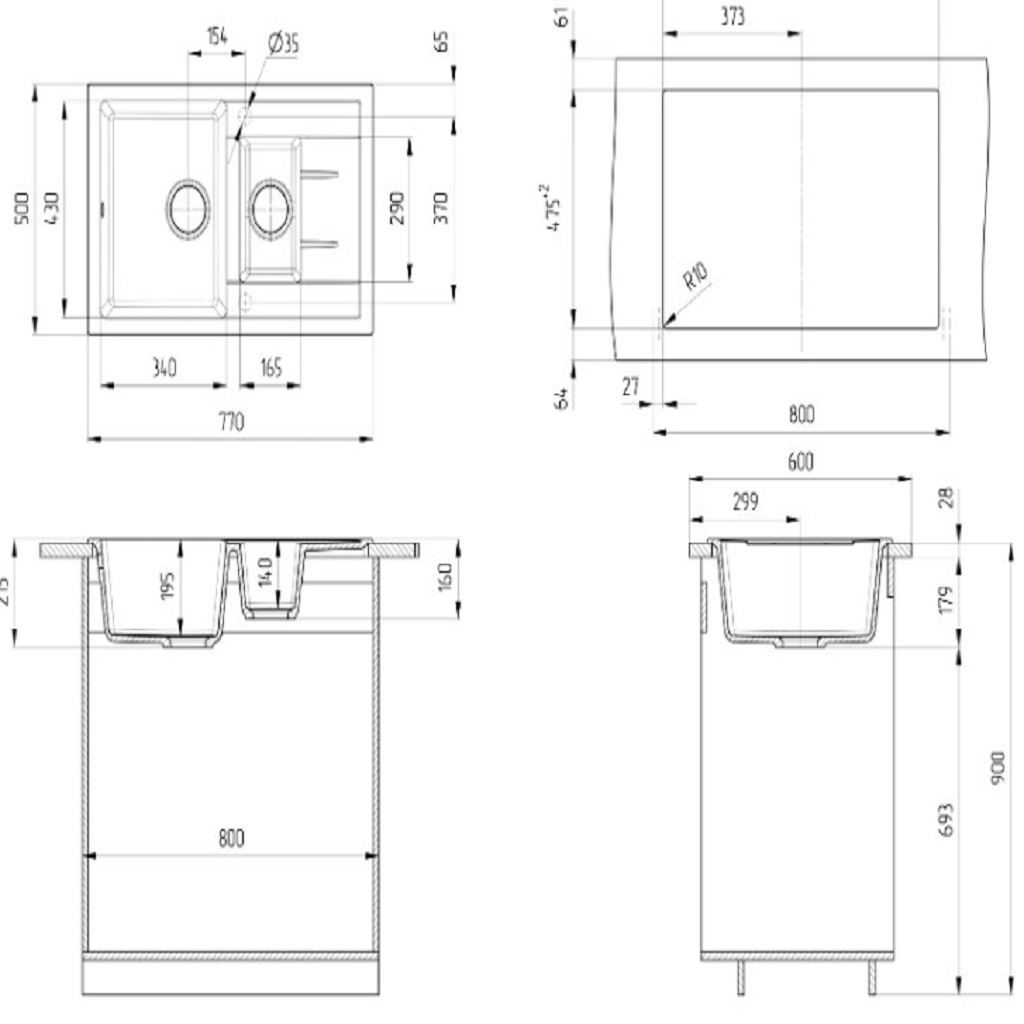 Мойка искусственный камень Ulgran, 1.5 чаша, 500х770х160мм, прямоугольная, черная