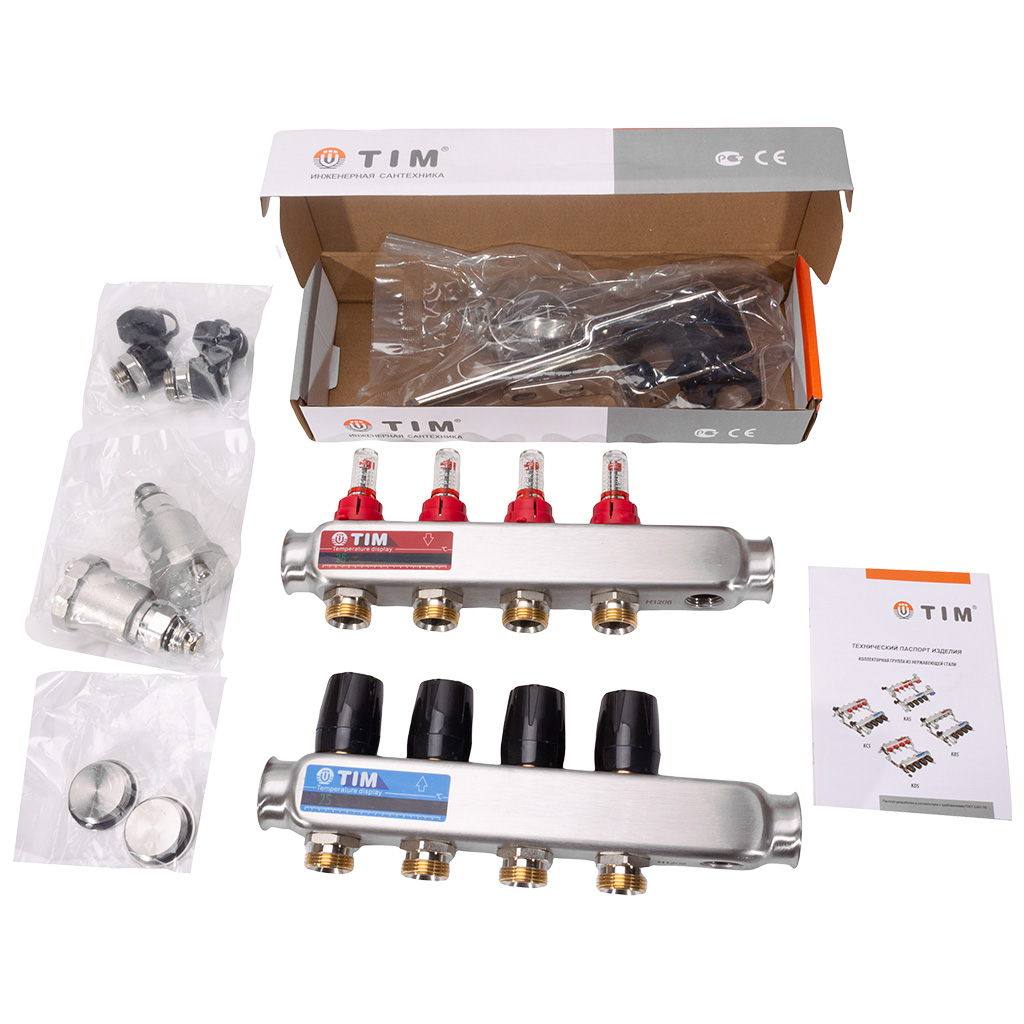 Коллектор с расходомерами без сливных узлов, Tim, 1", 4 выхода