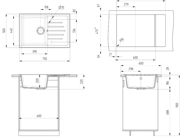 Мойка искусственный камень Ulgran, прямоугольная с крылом, 500х750х220мм, песочный