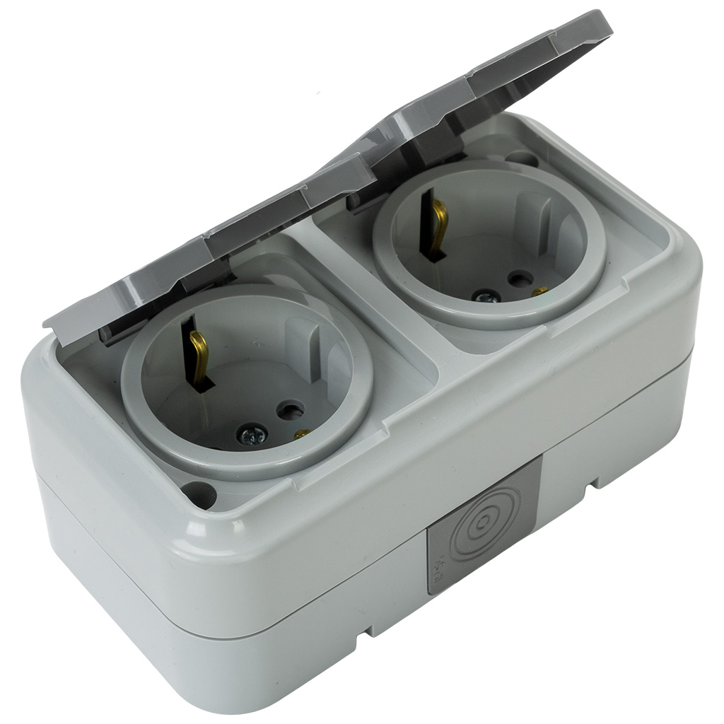 Блок открытой проводки Bylectrica Пралеска Аква, розетка 2-местная, с заземлением,  IP54, серый