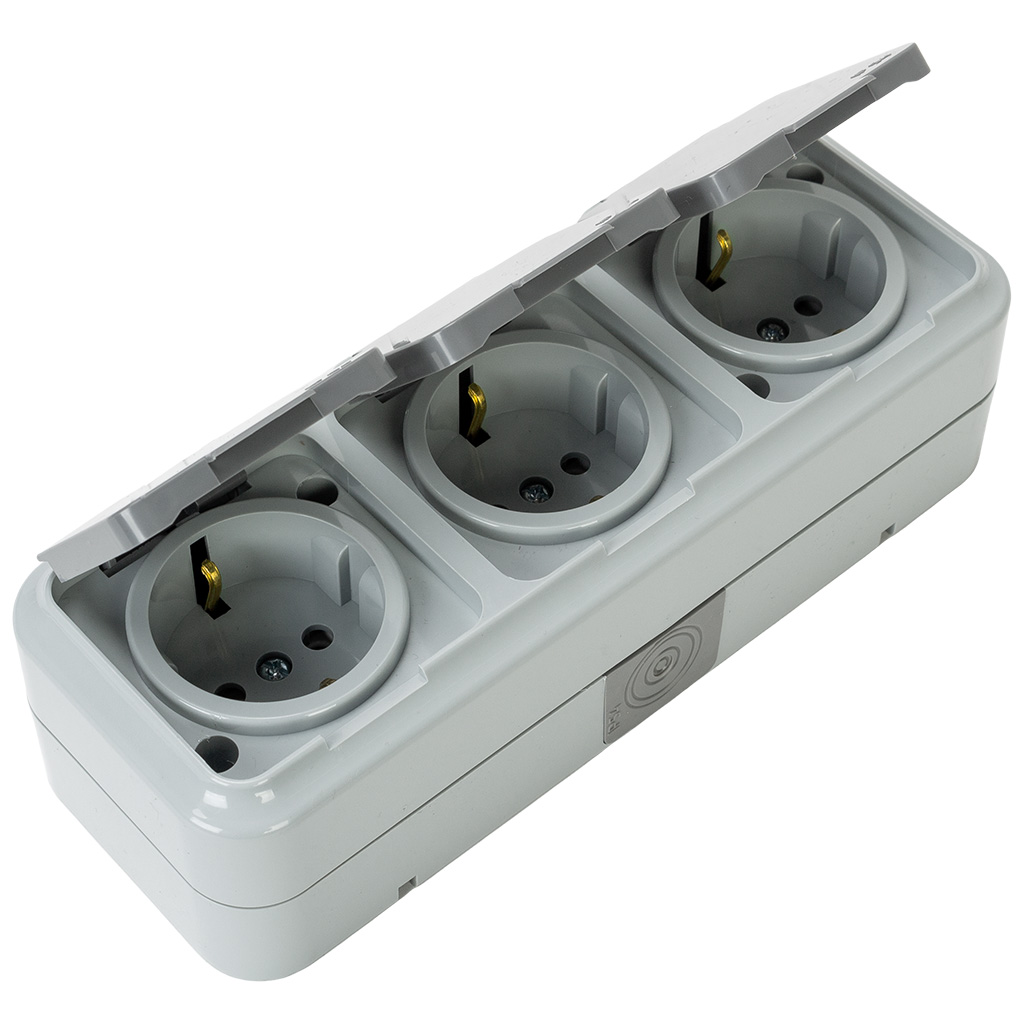 Блок открытой проводки Bylectrica Пралеска Аква, розетка 3-местная, с заземлением, с крышкой, IP54, серый