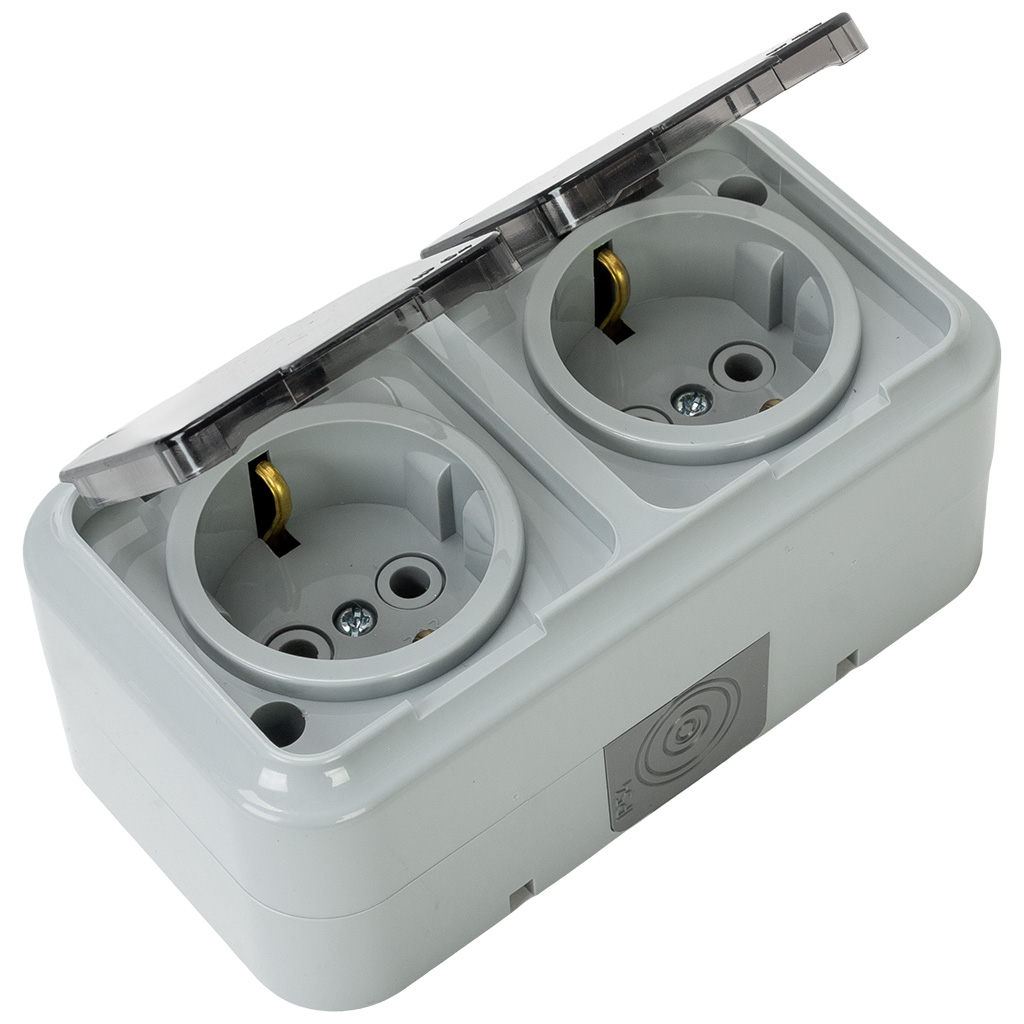 Розетка открытой проводки Bylectrica Пралеска Аква, 2-местная, 16А, с заземлением, с крышкой, IP54, серая