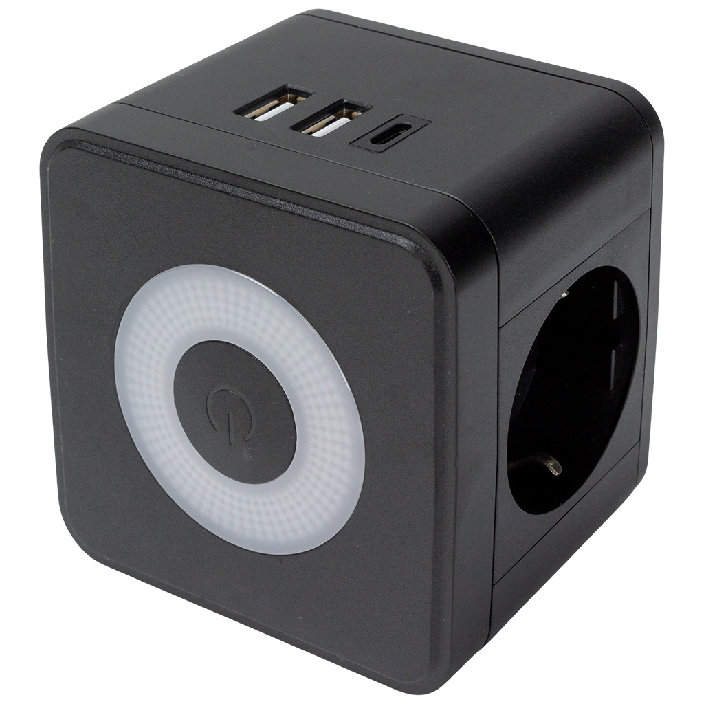 Разветвитель Uniel, 2 гнезда + 2 USB, с заземлением, 16А, черный