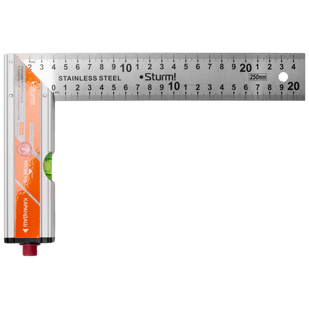 Угольник Sturm! с уровнем и карандашом, стальной, 250мм