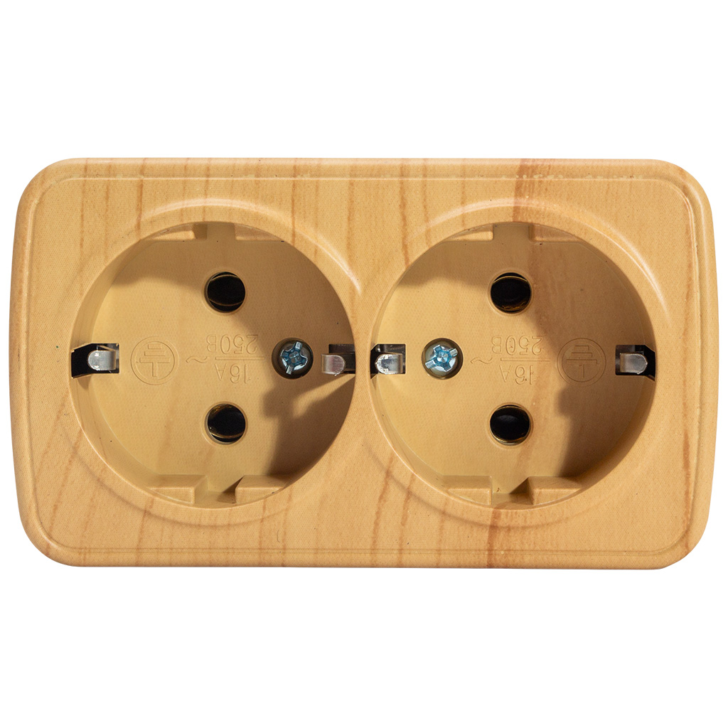 Розетка открытой проводки EKF Минск, 2-местная, с заземлением, светлое дерево