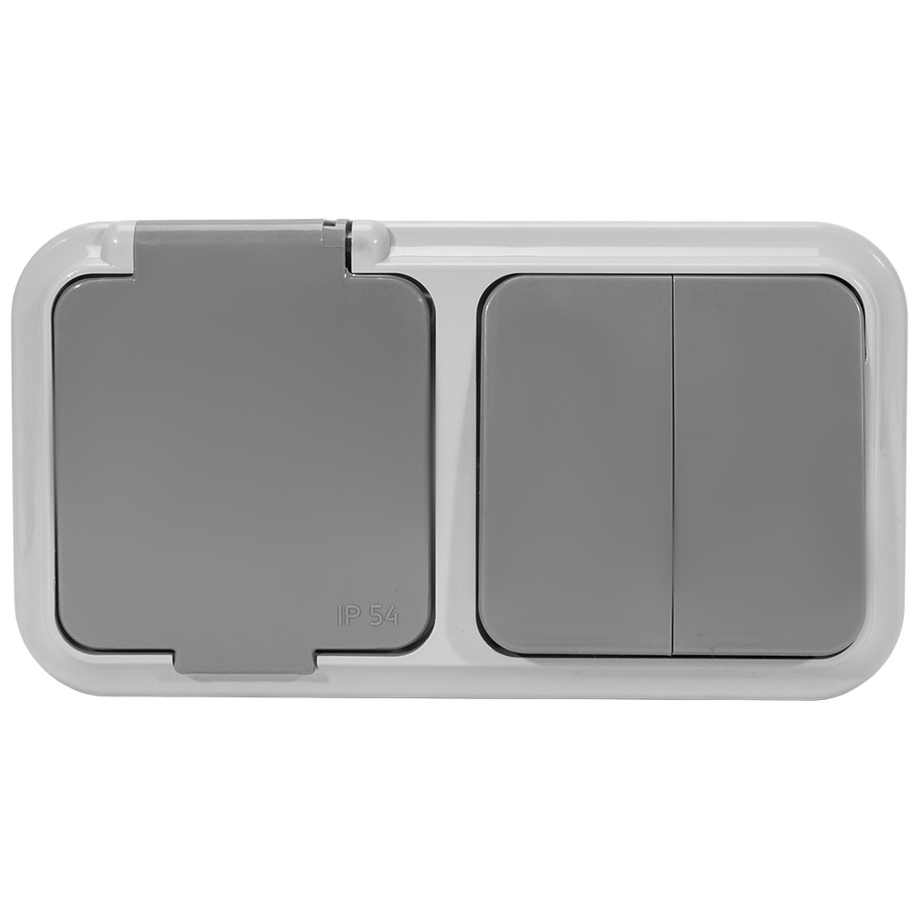 Блок открытой проводки Bylectrica Пралеска Аква, розетка+2 кл. выключатель, IP54, серый