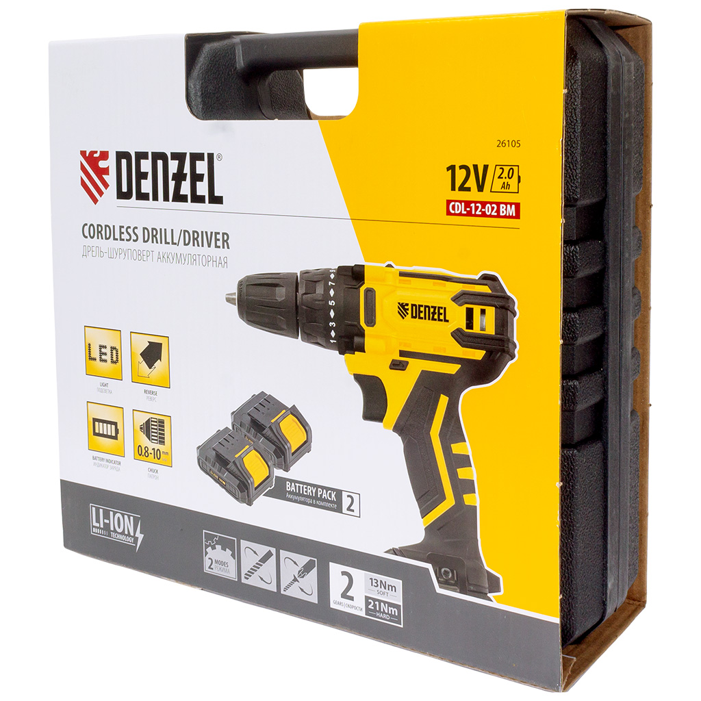 Дрель-шуруповерт Denzel CDL-12-02BM, аккумуляторная, 12В