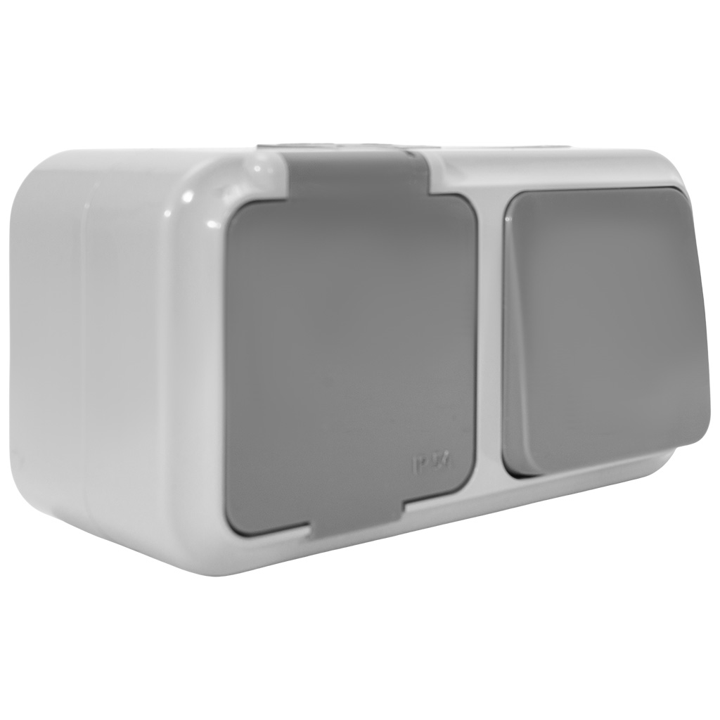 Блок открытой проводки Bylectrica Пралеска Аква, розетка+1 кл. выключатель, IP54, серый