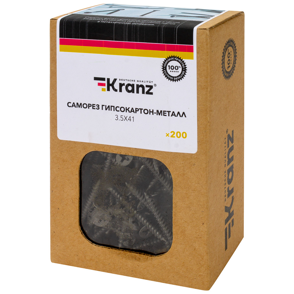 Саморез Kranz, ГМ 3.5 х 41, оксидированный, частая резьба, коробка 200 шт/уп фото №1