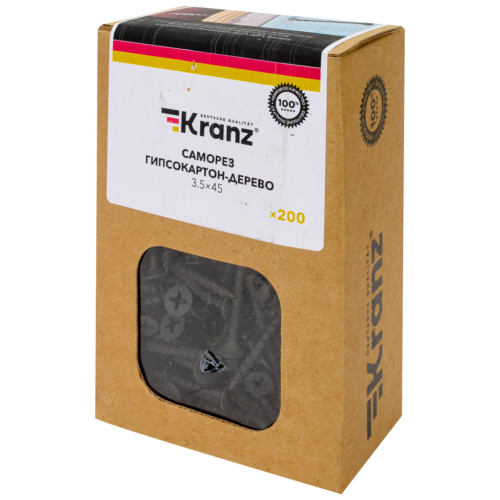 Саморез Kranz, ГД 3.5 х 45, оксидированный, крупная резьба, коробка 200 шт/уп фото №1